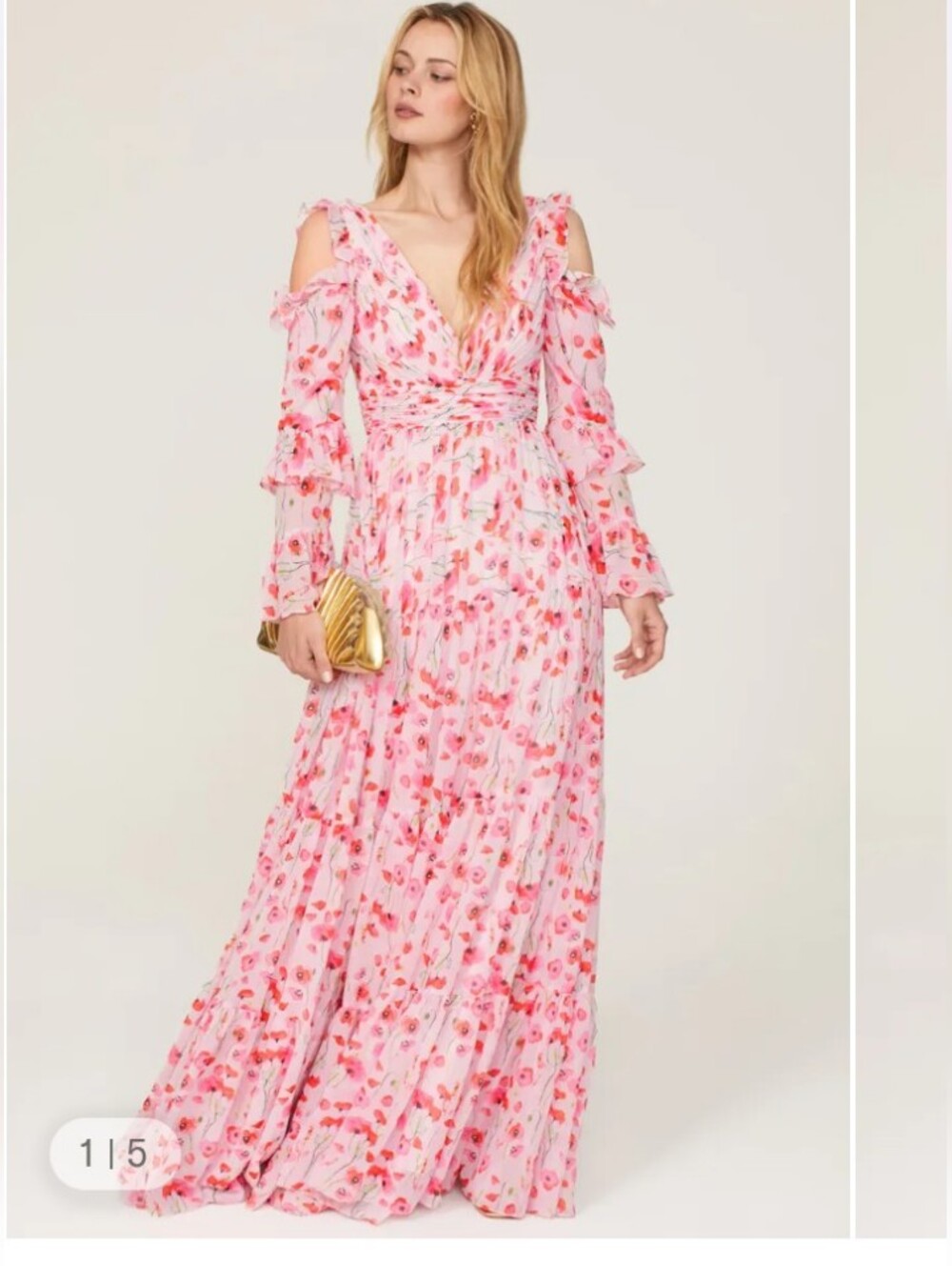 Mac Duggal Pink Floral Cold-Shoulder Ruffle Maxi Dress